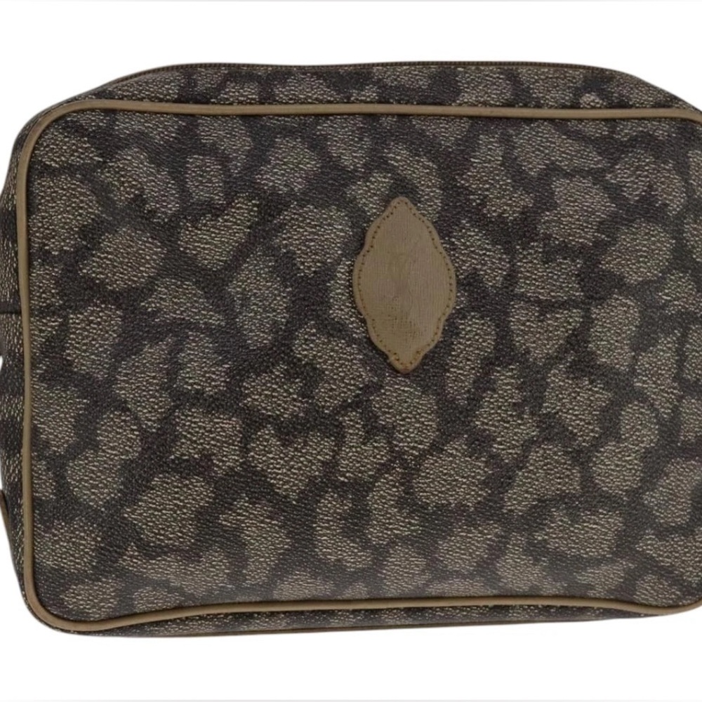 Yves Saint Laurent Vintage Cosmetic Pouch Tan Gray Monogram Travel Case YSL - Picture 3 of 6